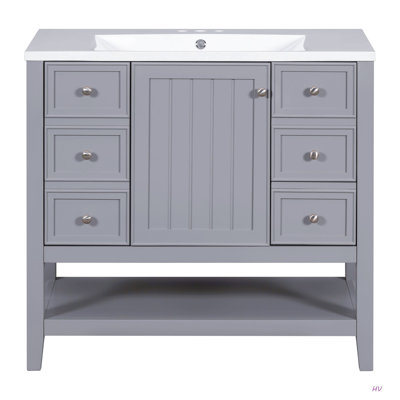 Meuble-lavabo 36 po avec lavabo, une armoire et trois tiroirs, panneau de bois massif et panneau de fibres à densité moyenne