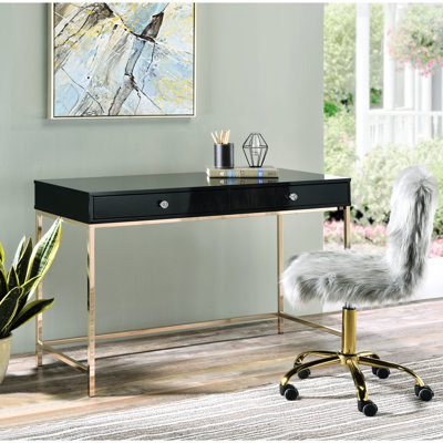 Bureau rectangulaire noir moderne avec finition brillante et pieds en métal, largeur 120,6 cm, plateau élégant, 2 tiroirs, dimensions intérieures des tiroirs : 53,3 cm x 38,1 cm x 5,1 cm (dimensions intérieures des tiroirs).