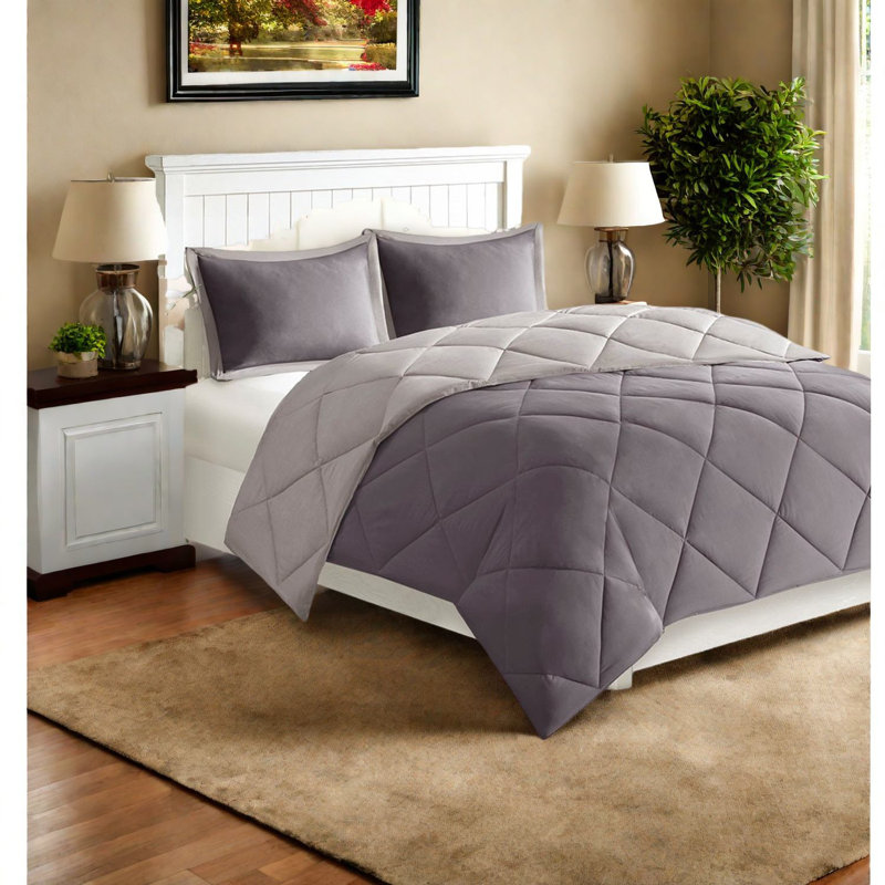 Cozy Grey Diamond Quilting Bedding Sets, 100% Polyester, Reversible Comforter For Home