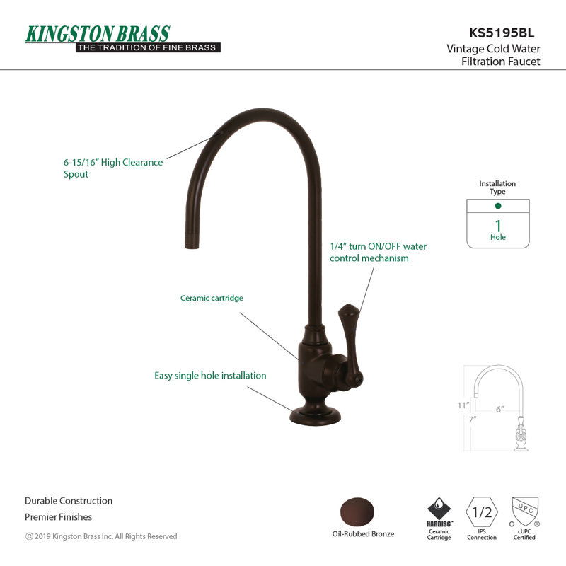 Robinet de filtration d'eau 1 trou à fixation sur le comptoir Kingston, Bronze huilé