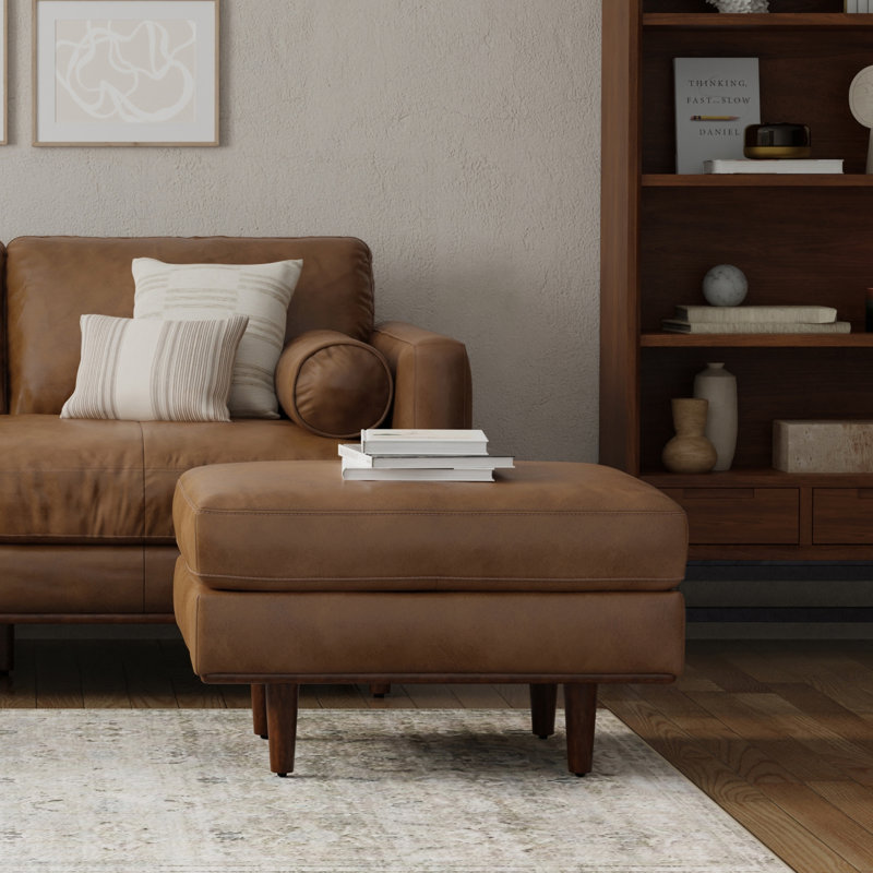 Morrison 33"W Upholstered Ottoman with Solid Wood Legs, Caramel Brown Genuine Leather