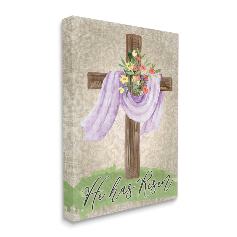 «He Has Risen Spring Floral Cross Brown Damask» par ND Art - impression, Toile tendue, H 40 po x l 30 po x P 1,5 po