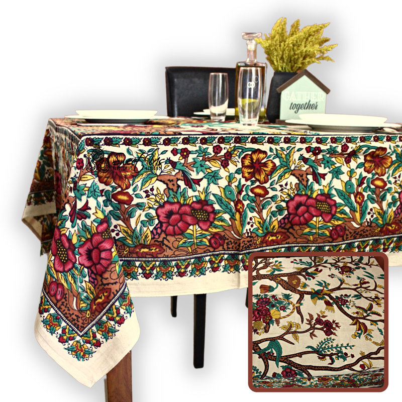 Handmade Cotton Floral Tree of Life Tapestry Tablecloth, 70" H x 104" W, Olive Green