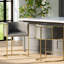 Tabouret de comptoir de 26 po, similicuir gris, base en métal au fini laiton, siège enveloppant avec rembourrage doux, dossier à boutons, structure en acier, finition satinée, repose-pieds architectural, nivellement réglable, transitionnel