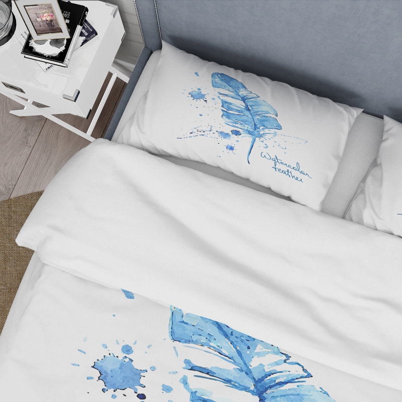 Ensemble de housse de couette bohème et éclectique Ethnic Blue Feather - microfibre de polyester