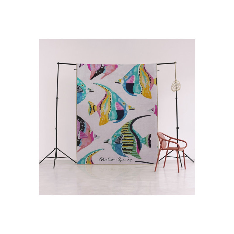 Tapis bleu et rose à motif de poissons discus lavables à la machine, Rectangle 2 pi 4 po x 3 pi 11 po