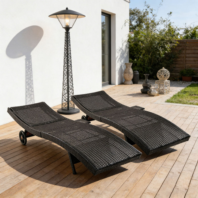 Patio Wicker Chaise Lounge Chairs Set, Black+Brown