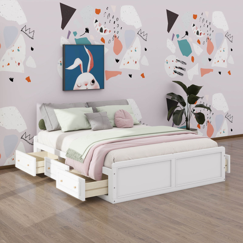 Base de lit plateforme en bois pour grand lit comprenant six tiroirs, Blanc