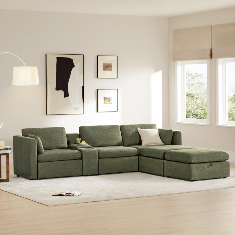 Canapé modulaire 5 pièces avec console Winfree, Polyester vert mousse