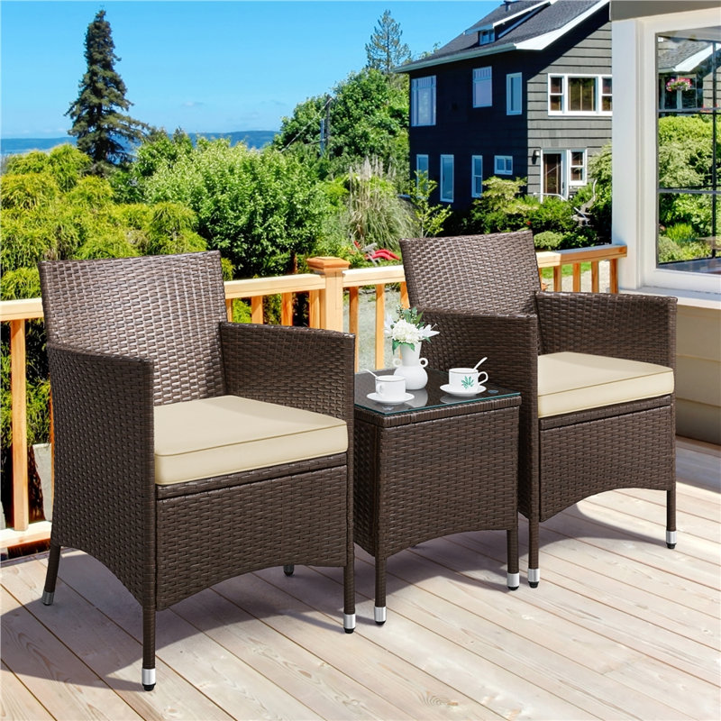  3-Piece Rattan Furniture Set with Tempered-glass Top Table and 2 Cushioned Chairs, Khaki, Brown