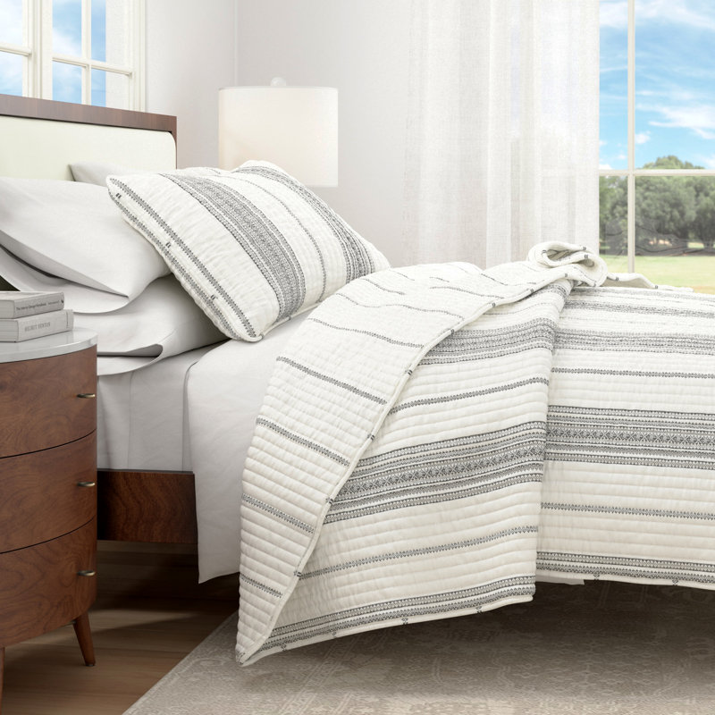 Ensemble de courtepointe réversible rayé de style campagnard avec taies décoratives, Blanc / Gris