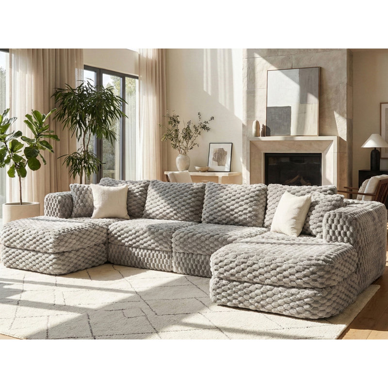135'' Upholstered Boneless U-Shape Sectional With Ottomans, No Assembly Required, Gray Polyester