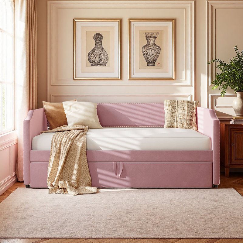 Upholstered Daybed With Lift-Up Trundle Bed, Pink