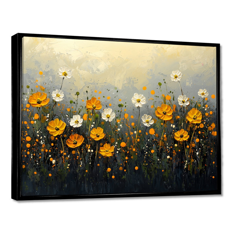 «Dark Summer Daisies Field Landscape III - Daisies», art mural, H 12 po x l 20 po, Cadre flottant, Noir