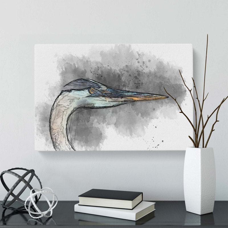 Heron Portrait in Abstract - Wrapped Canvas Drawing - Wrapped Canvas, 40cm H x 60cm W x 3cm D