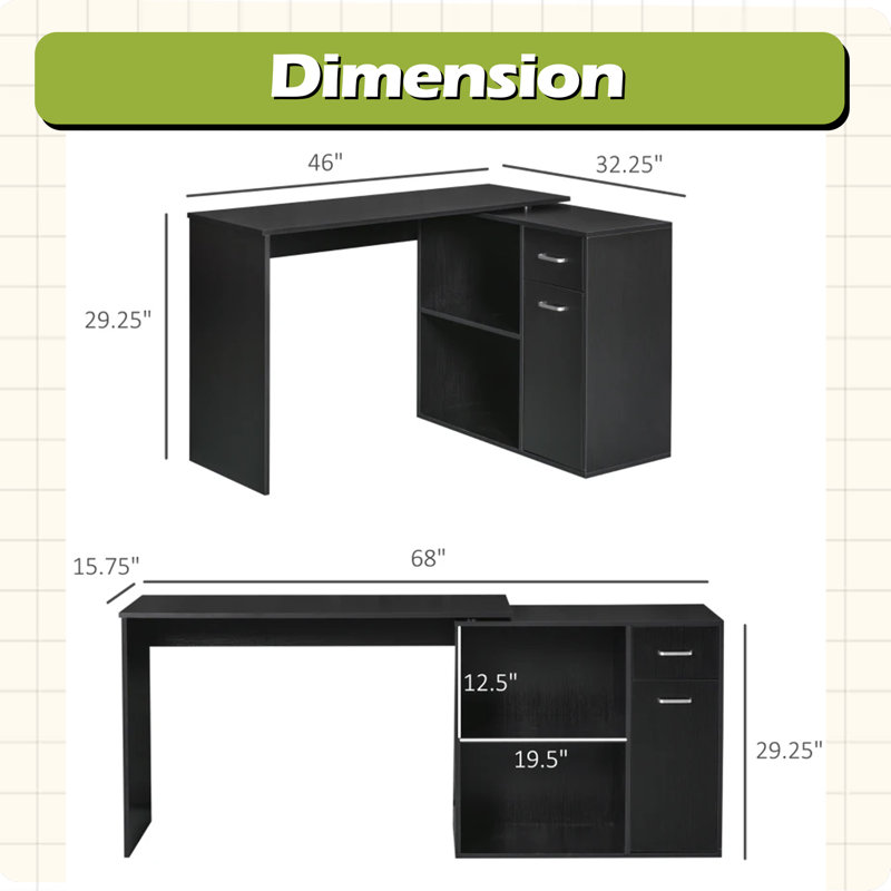 Bureau d'écriture rotatif, bureau d'angle, Noir