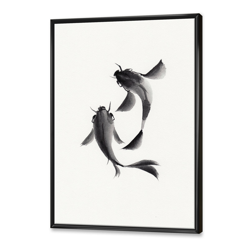 " Monochrome Vintage Fish II " Painting Print, Black Framed Canvas, 32" H x 16" W x 1" D