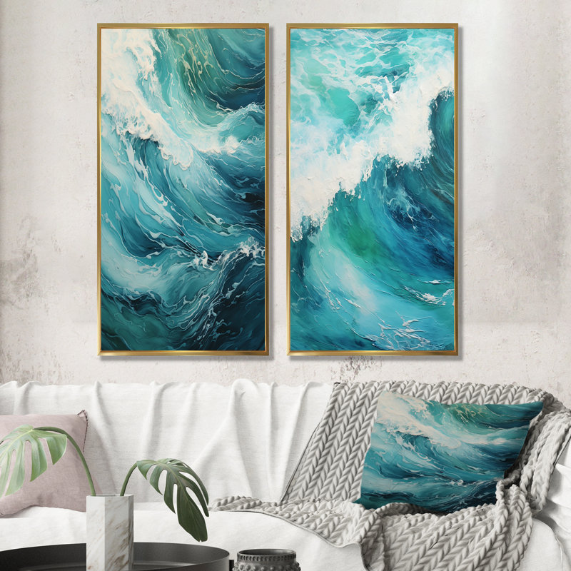 Ensemble de 2 décorations murales Ocean Teal Wave Expression - Coastal Waves, H 28 po x l 25 po, Encadrement doré