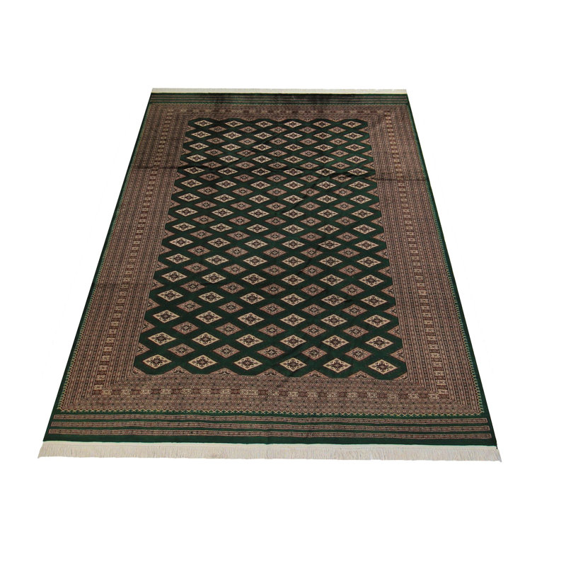 Tapis géométrique vert / brun / beige en laine noué à la main 9 pi x 11 pi 8 po Abril
