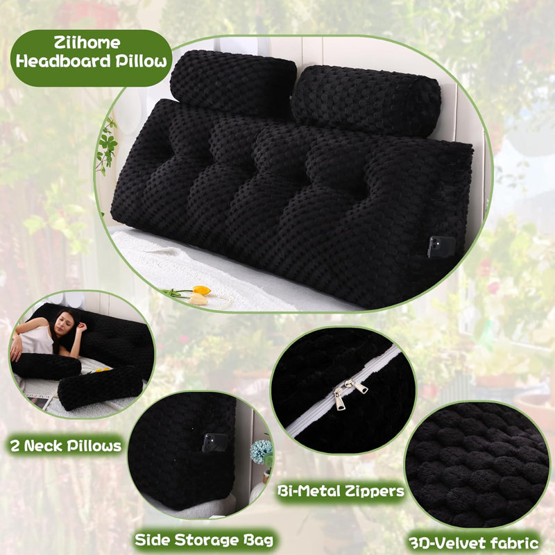 Combination Headboard pillow-1 Wedge Headboard Pillow + 2 Head Pillows, 7.87"H x 75.98"W, Black
