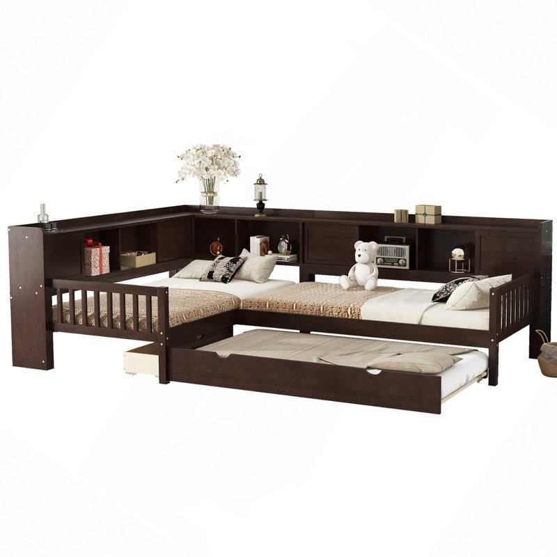 L-Shaped Platform Bed With Trundle, Platform Bed With Storage Drawers And Shelves, No Spring Box Needed, Espresso