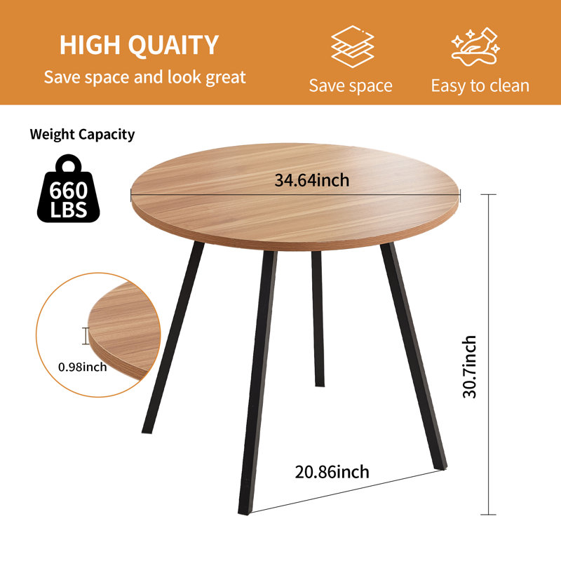  Table de salle à manger ronde en bois aggloméré 34,6 po avec pieds en acier au carbone (2 à 4 sièges), Chêne