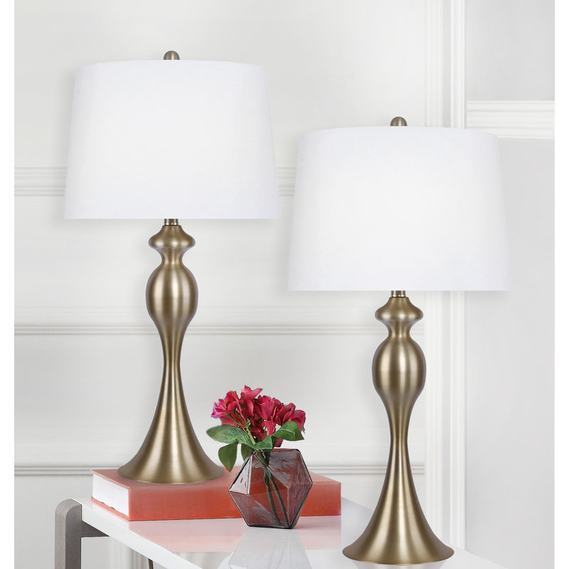 Kateryn 27" Metal Table Lamp Set with Linen Empire Shades, Brushed Nickel, Dusty Blue