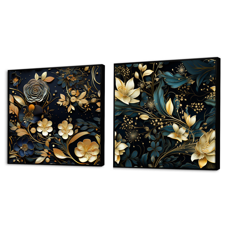 Millen - Ensemble de 2 collages floraux et botaniques carrés, Cadre flottant noir, H 36 po x l 73 po