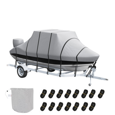 Housse pour bateau T-Top, housse imperméable et transportable pour bateau T-Top de 6 à 6,7 m (20 à 22 pi), en tissu Oxford PU de qualité marine 600D, compatible avec les bateaux de 6 à 6,7 m (20 à 22 pi) de long x 2,7 m (106 po) de large, grise, avec sangles à boucle coupe-vent.