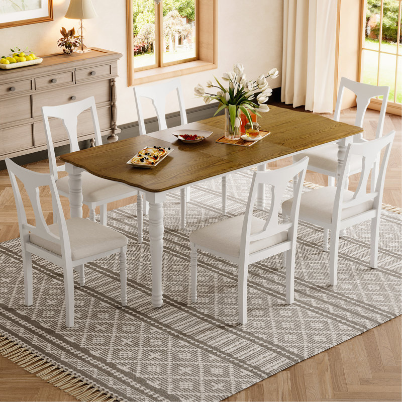 Ensemble de table de salle à manger 7 pièces avec table extensible et chaises rembourrées Torrin, Blanc, Naturel, Blanc