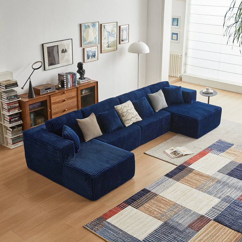 Flannel U Shaped Sectional Sofa Couch, Blue Fabric