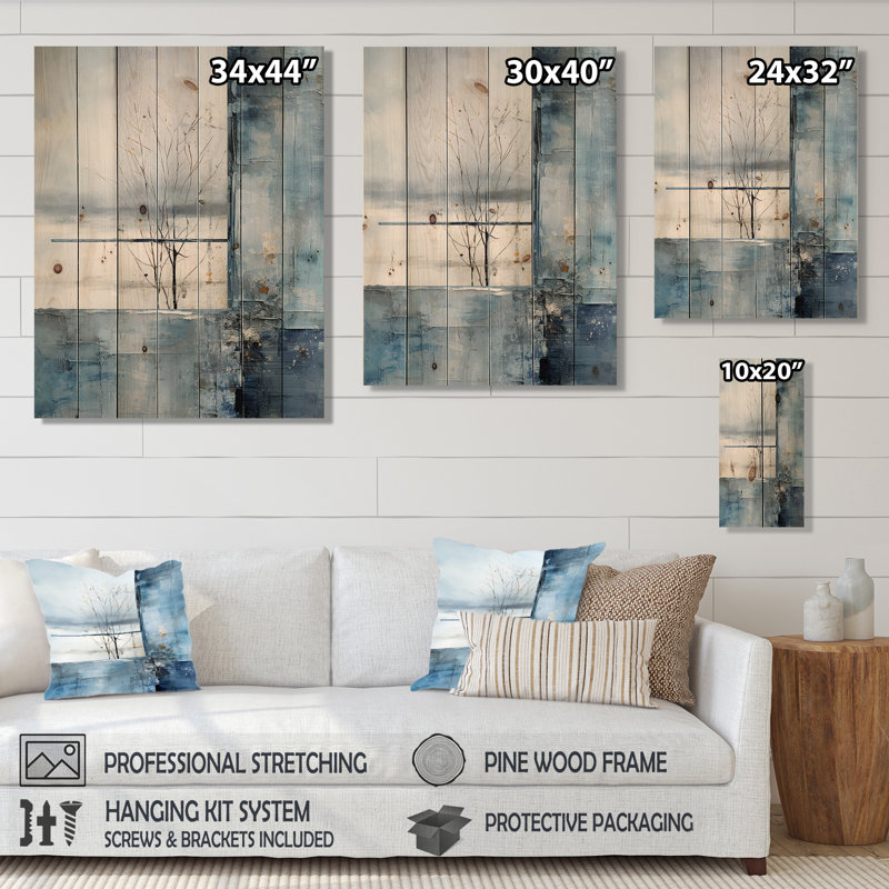 «White and Blue Winter Forest Collage IV», paysage d'hiver sur bois, H 32 po x l 24 po