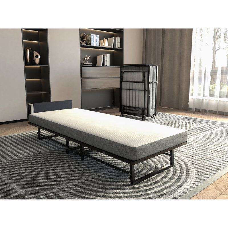 Lit pliant en métal avec matelas en mousse, convient à la chambre à coucher, à la chambre d'amis et au dortoir, matelas à structure simple avec rangement facile et 4 roulettes lisses