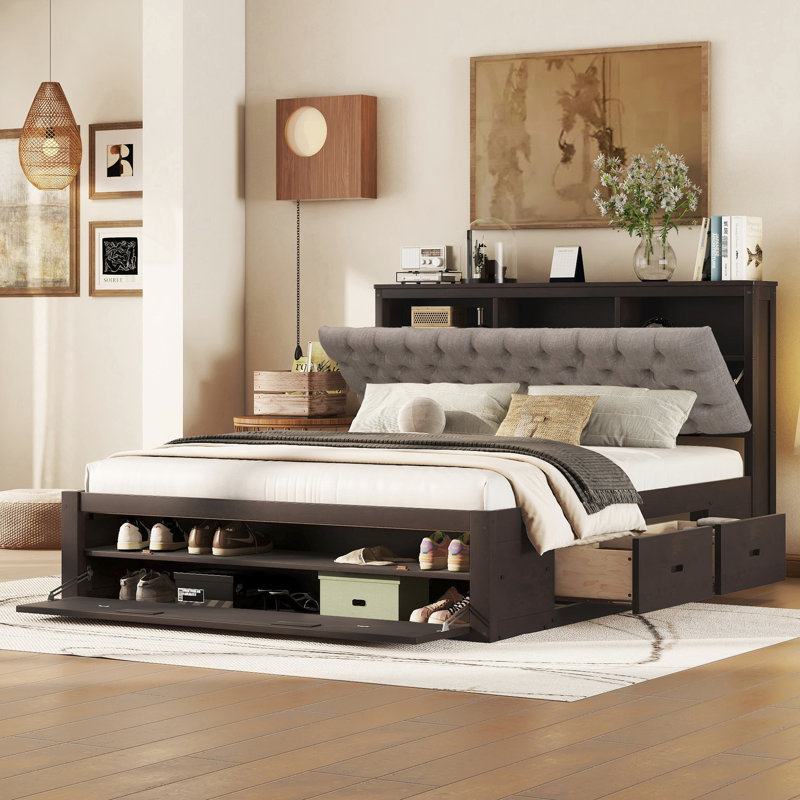 Lit plateforme en bois pour grand lit avec rangement, 4 tiroirs, étagère à chaussures et tête de lit de couleur design, tiroirs