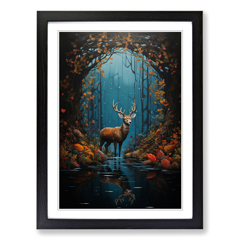 Deer Hard Edge - Single Picture Frame Print on Wood, 34cm H x 25cm W, Black Framed