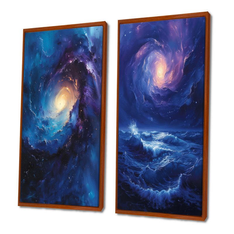 Ensemble de 2 pièces d'art mural galaxie spirale cosmique spirale mauve et bleu, H 28 po x l 24 po, Impression encadrée, Brun