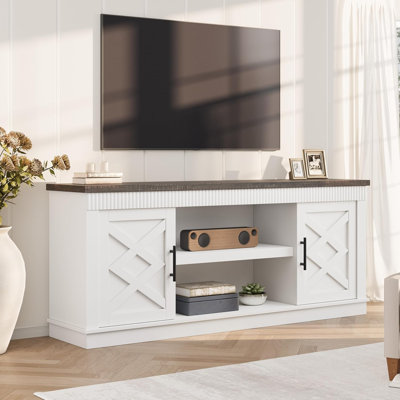 Farmhouse TV Stand for 70/75 in TVs, 65 in Long Entertainment Center w/ 2 Door &Open Storage Shelf, Rustic Fluted Television Consoles Stands for Living Room, Bedroom