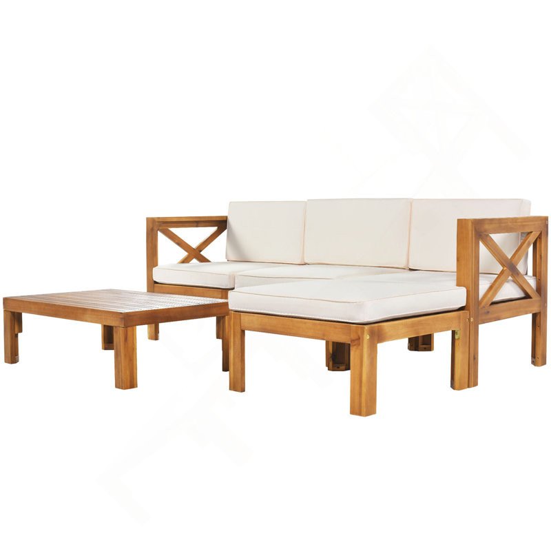 Outdoor Backyard Patio Wood 5-Piece Sectional Sofa Seating Group Set With Cushions