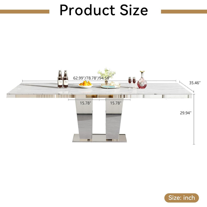 Table de salle à manger extensible en faux marbre de 160 à 240 cm (63 à 94,5 pouces) pour 6, 8 ou 10 personnes, grande table de cuisine avec piètement à colonnes argentées miroir.