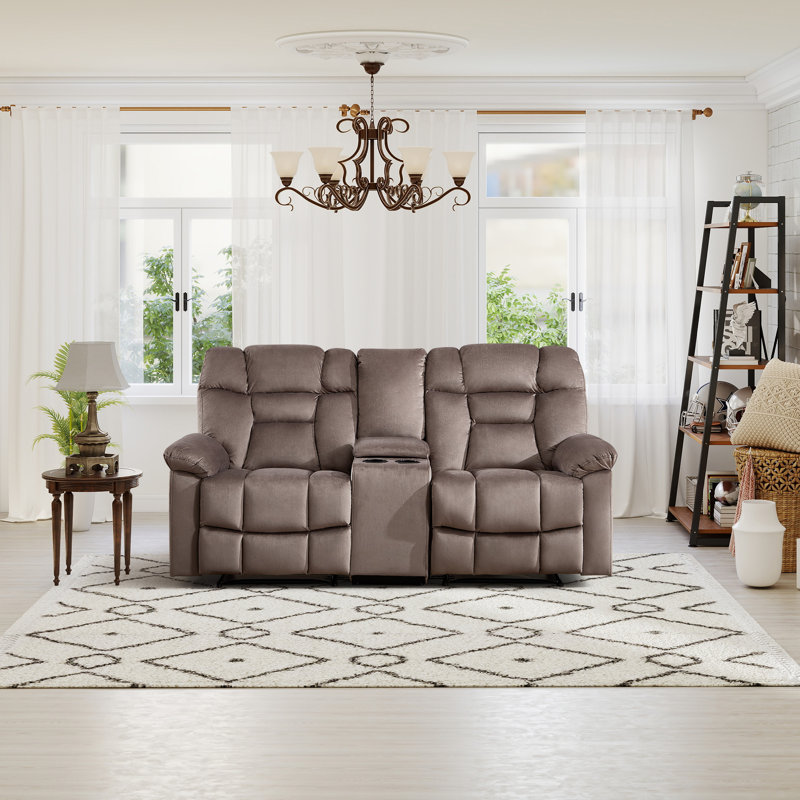 Canapé inclinable manuel moderne en microfibre avec console centrale et porte-gobelets, Brun moka