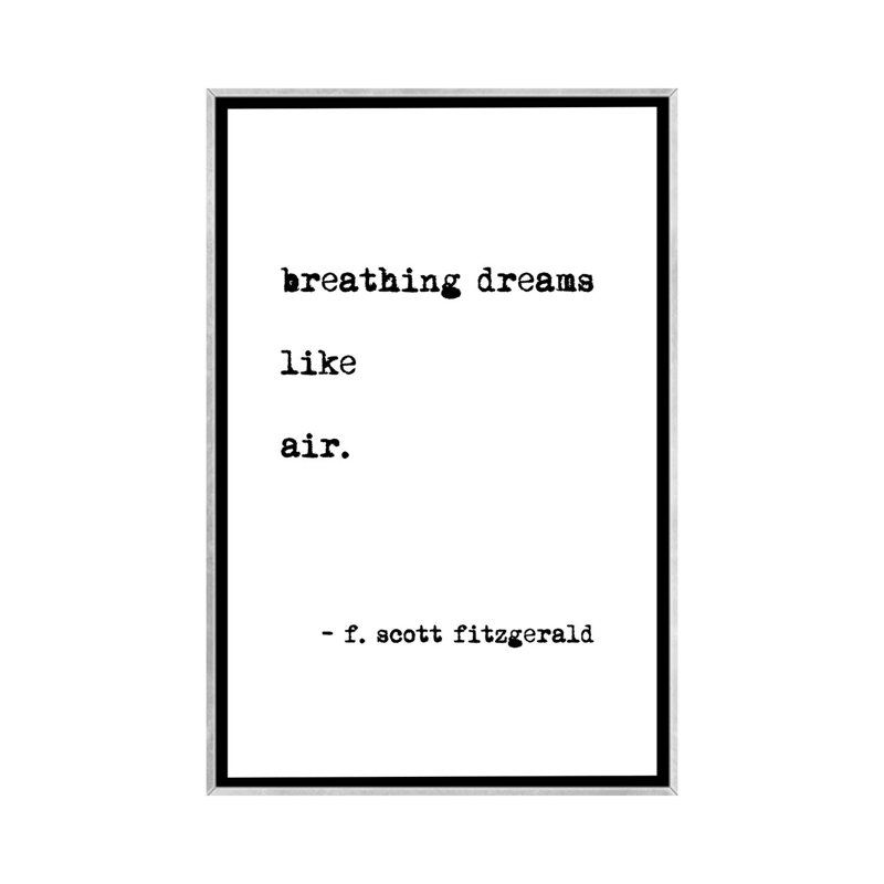 Reproduction d’art textuel, "respiration Dreams" par Scott Fitzgerald, H 26 po x l 18 po x 1,5 po, Toile avec cadre argenté