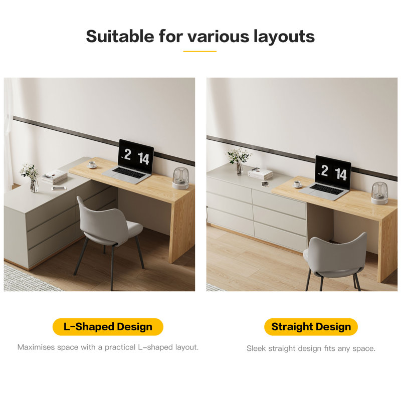 Extending L-Shape Desk with 6-Drawer Unit, Oak Effect Top and Light Grey Finish Fast Dispatch From UK Warehouse – Dispatched Within 2 Days