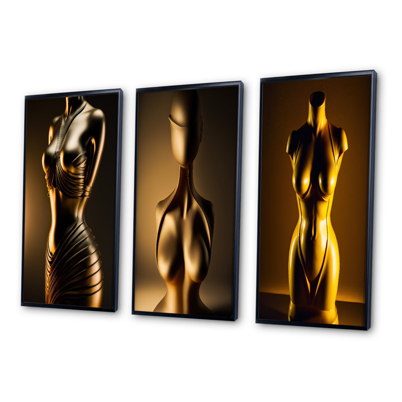 «Stylish Golden Dress Mannequin», 3 pièces, H 32 po x l 48 po, Cadre flottant noir
