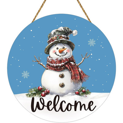 Snowman Winter Wreath – White And Red – Front Door Or Wall Decoration With Wooden “Welcome” Sign, Indoor/Outdoor Holiday Décor For Porch, Home, Or Office