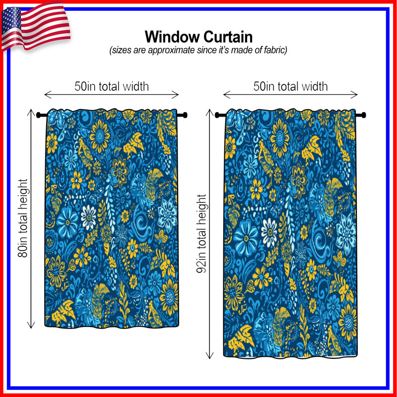 Blue Yellow Floral Pattern Window Curtains, Flowers Sheer & Blockout Curtains - 1 Panel, Blockout, 50" x 92" - 1 Panel