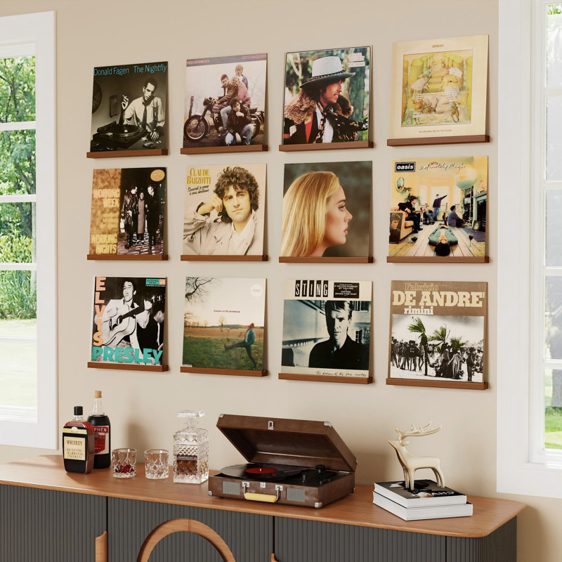 12 Pcs Vinyl Record Storage, 12 Inch Vinyl Record Stand Wall Mount Vinyl Record Holder, Walnut, Brown