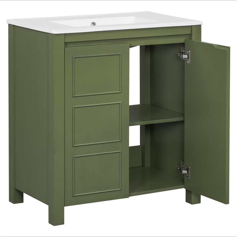 Meuble-lavabo de ferme 30 po avec lavabo en céramique, porte à fermeture en douceur, tablette réglable, armoire de rangement vert olive, structure en bois moderne, conception spacieuse et surface facile à nettoyer