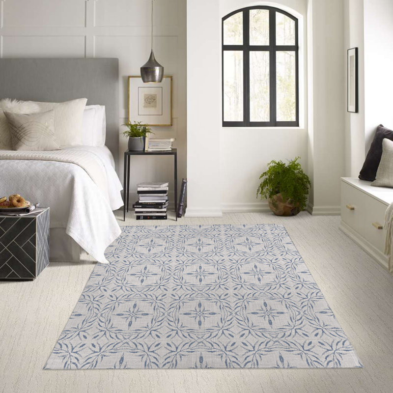 Tapis d'intérieur / extérieur en polyester tissé à la machine à motif géométrique rectangulaire bleu / beige