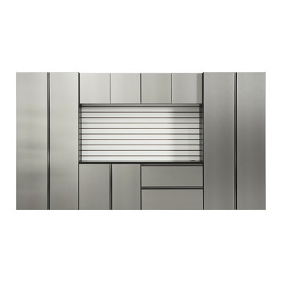 128In. X 72In. 20In. Garage Cabinet - Series. Wall Mounted, Soft Close Doors & Drawers, Extra Deep Storage, Water Heat , Stain Scratch Series 7, Metallic Grey, Closing Feature, Finish