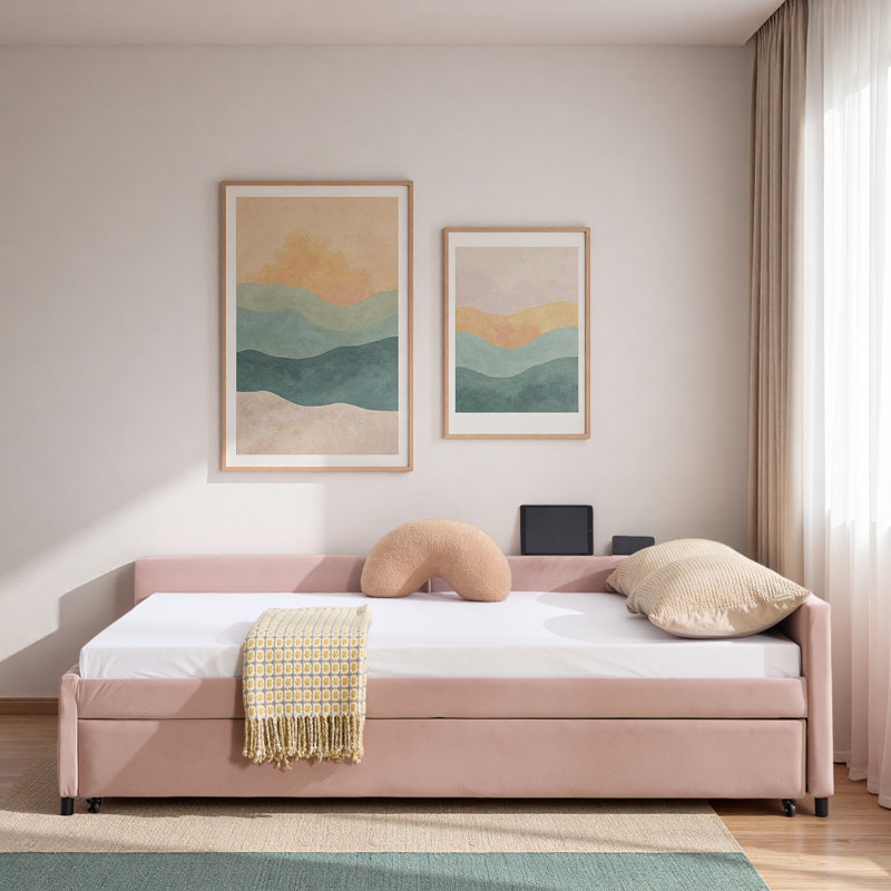 Upholstered Daybed With Trundle And Usb, Pink